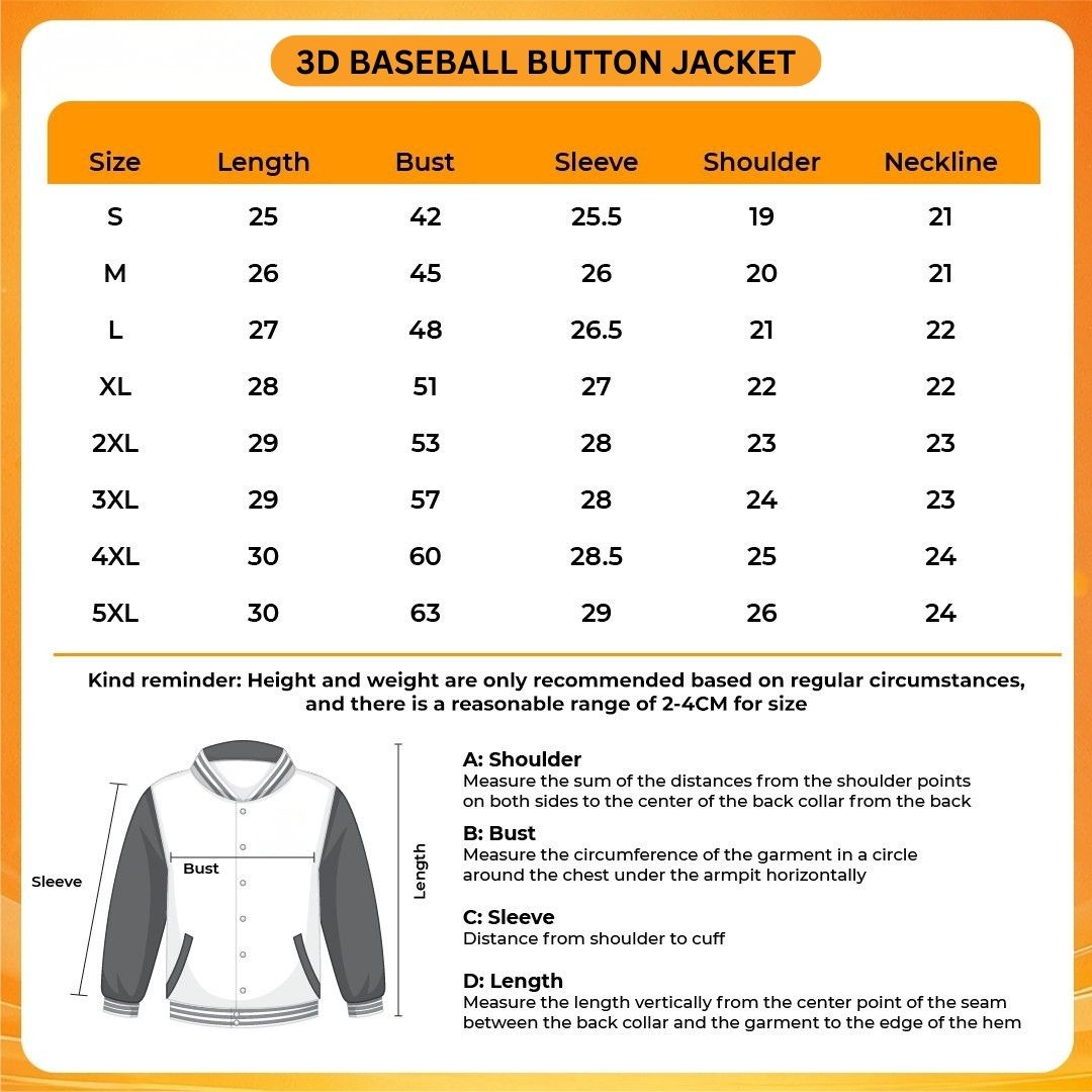 3D Baseball Button Jacket Size Chart - Power Rangers Store